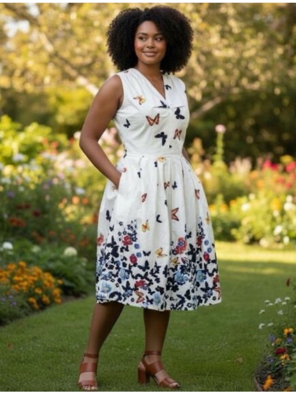 Belle Poque Sleeveless Cream Butterfly & Floral Midi Dress size 2X